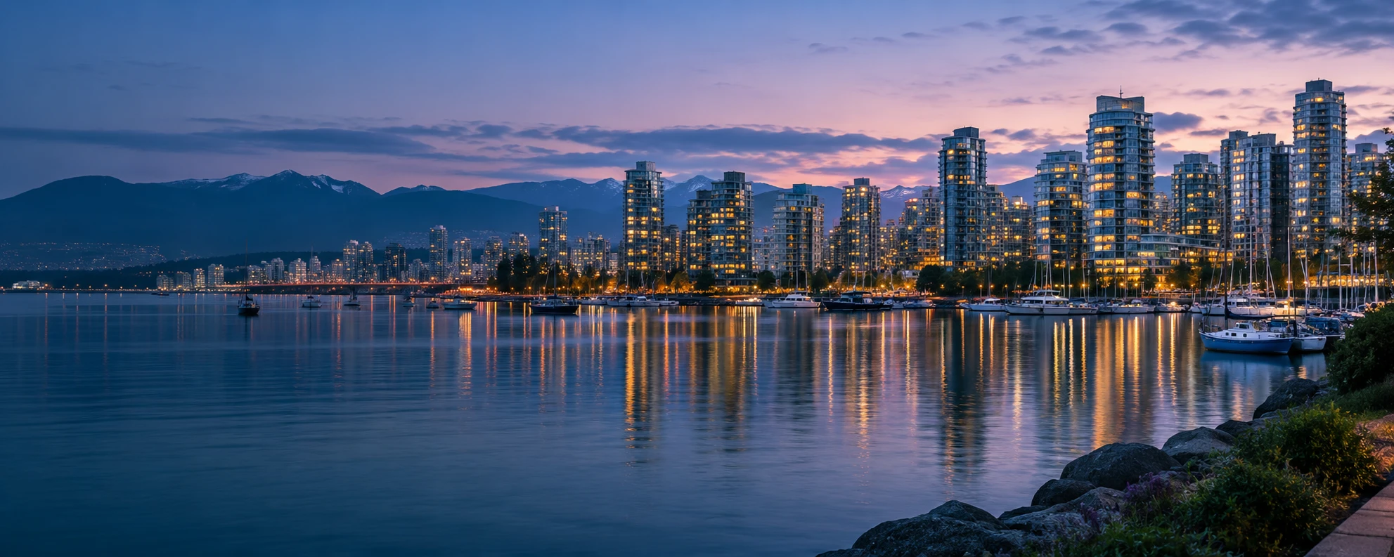 Vancouver-inspired waterfront illustration at blue hour