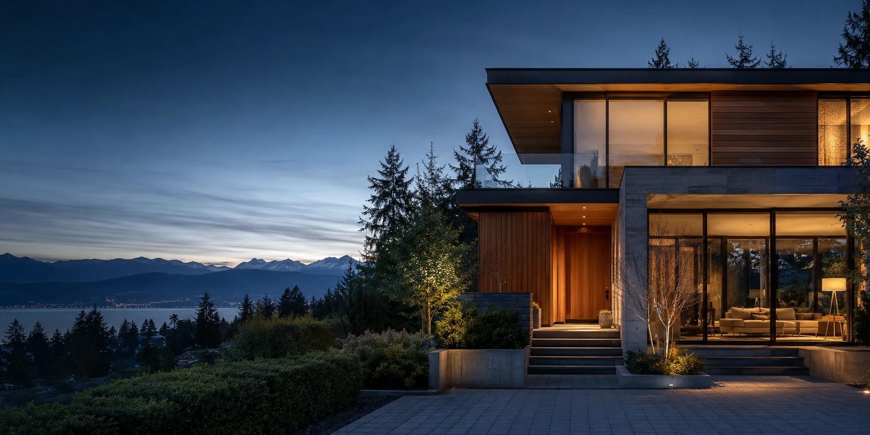 Illustrative West Coast home at dusk, not a property listing
